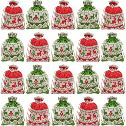 Christmas linen gift bags - 24 pieces - 13x18cm - Christmas decoration for indoors - Reusable - Christmas candy bags with drawstring - Suitable for gift bags for children's parties during the Christmas holidays