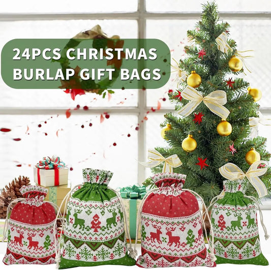 Christmas linen gift bags - 24 pieces - 13x18cm - Christmas decoration for indoors - Reusable - Christmas candy bags with drawstring - Suitable for gift bags for children's parties during the Christmas holidays - Image 2