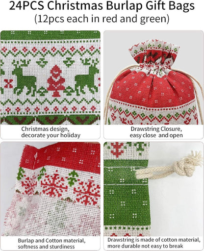 Christmas linen gift bags - 24 pieces - 13x18cm - Christmas decoration for indoors - Reusable - Christmas candy bags with drawstring - Suitable for gift bags for children's parties during the Christmas holidays - Image 3