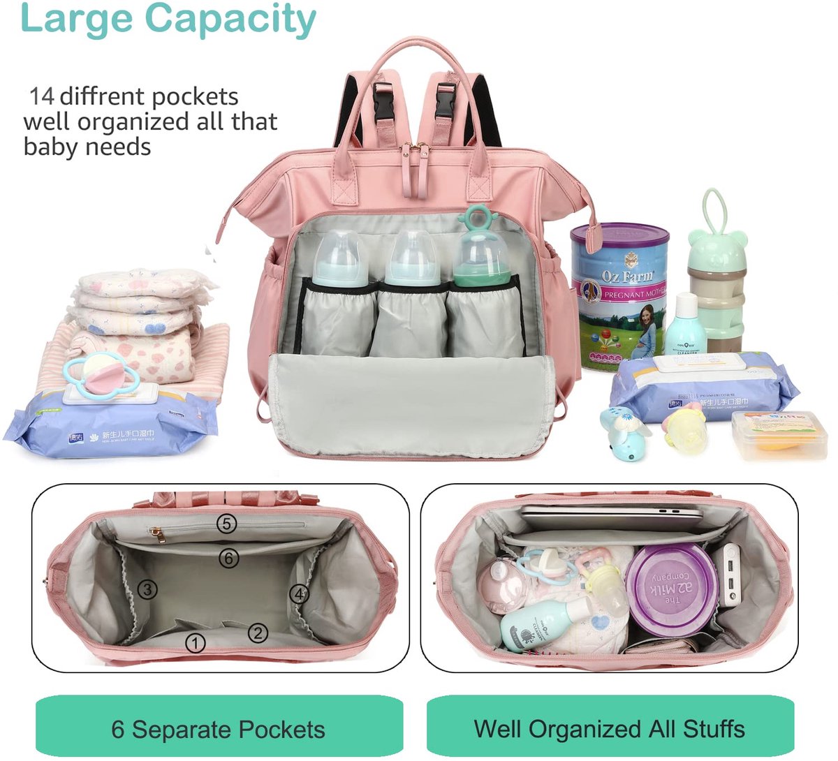 Convertible Diaper Bag - Wide Opening - 14 Pockets - Stylish - Baby Changing Bag - with Stroller Buckle - Diaper Bag - Waterproof (Pink) - Image 2