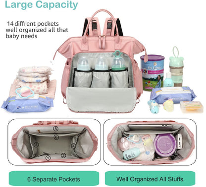 Convertible Diaper Bag - Wide Opening - 14 Pockets - Stylish - Baby Changing Bag - with Stroller Buckle - Diaper Bag - Waterproof (Pink) - Image 2