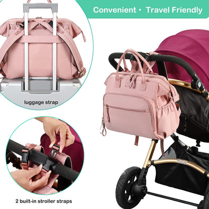 Convertible Diaper Bag - Wide Opening - 14 Pockets - Stylish - Baby Changing Bag - with Stroller Buckle - Diaper Bag - Waterproof (Pink) - Image 4