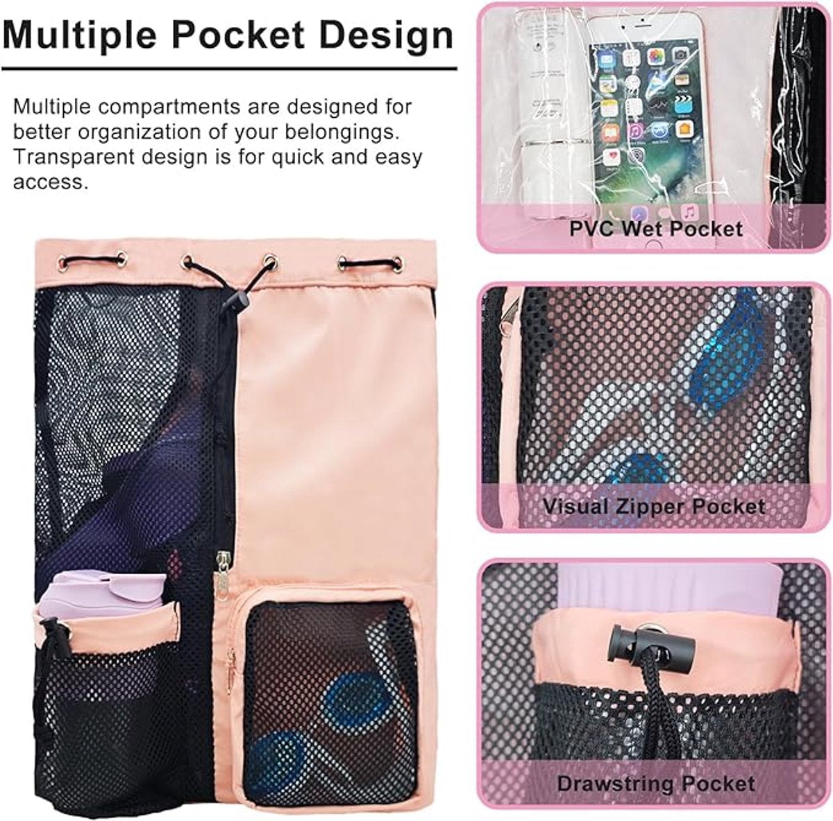 Backpack - Sports Bag - Travel Bag - Training Bag - Swimming Bag - 30*15*45cm - Mesh Material - Drawstring Design - Side Storage Space - Unisex - Suitable for Fitness, Swimming, Travel, Dancing, Camping（Pink） - Image 3