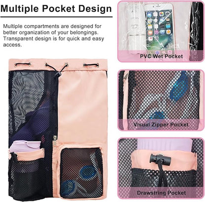Backpack - Sports Bag - Travel Bag - Training Bag - Swimming Bag - 30*15*45cm - Mesh Material - Drawstring Design - Side Storage Space - Unisex - Suitable for Fitness, Swimming, Travel, Dancing, Camping（Pink） - Image 3