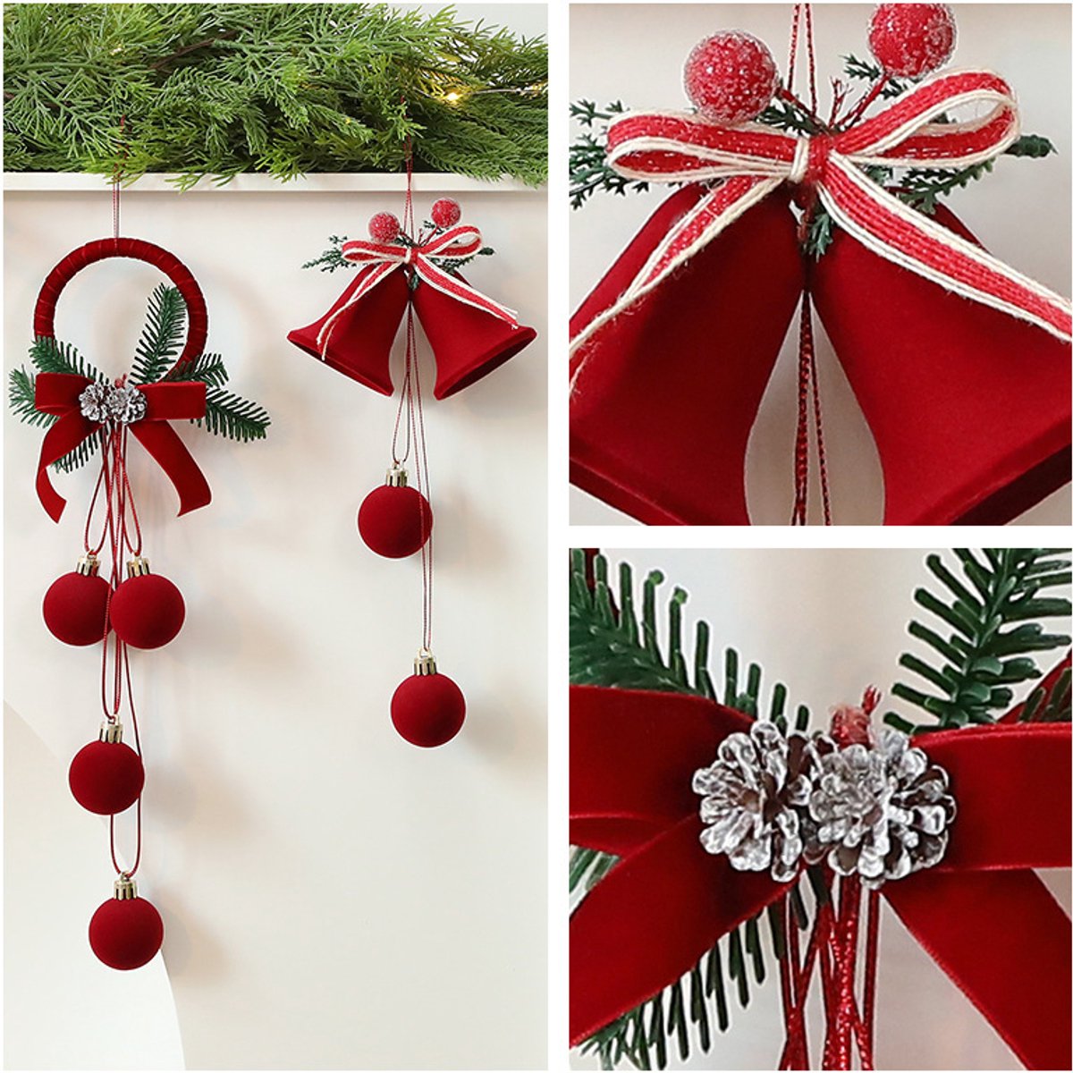Christmas Bells - Decorative Pendant - Christmas Bells with Flock Print - Christmas Tree Decoration Display - Hanging Ornaments - 2 Pieces - Image 2