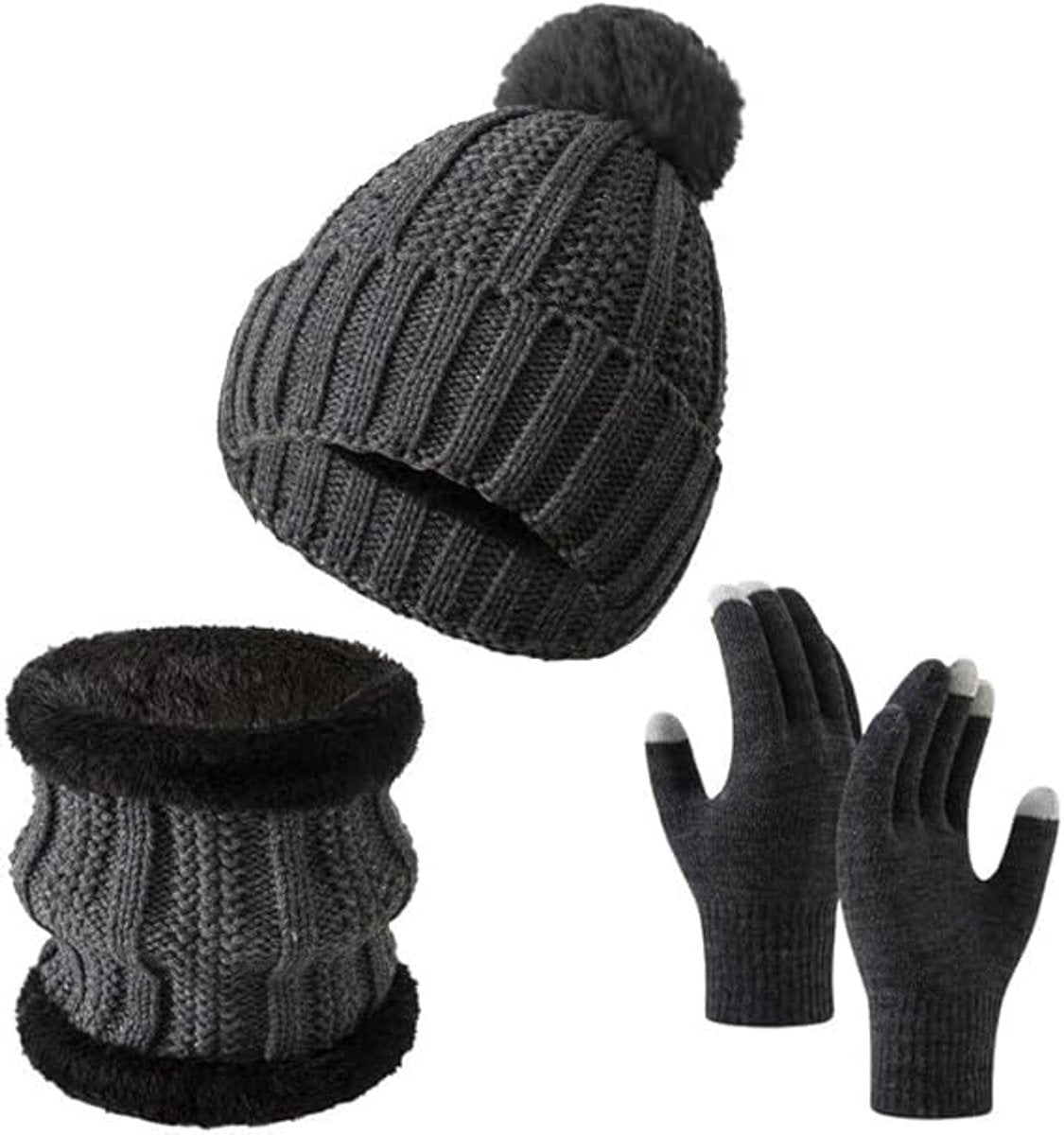 Gloves, hat and scarf - three-piece set - winter knitwear - lined with fleece and thickened - warm and cold resistant - dark gray