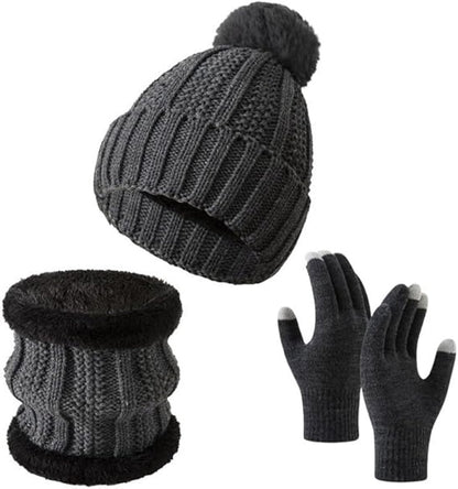Gloves, hat and scarf - three-piece set - winter knitwear - lined with fleece and thickened - warm and cold resistant - dark gray