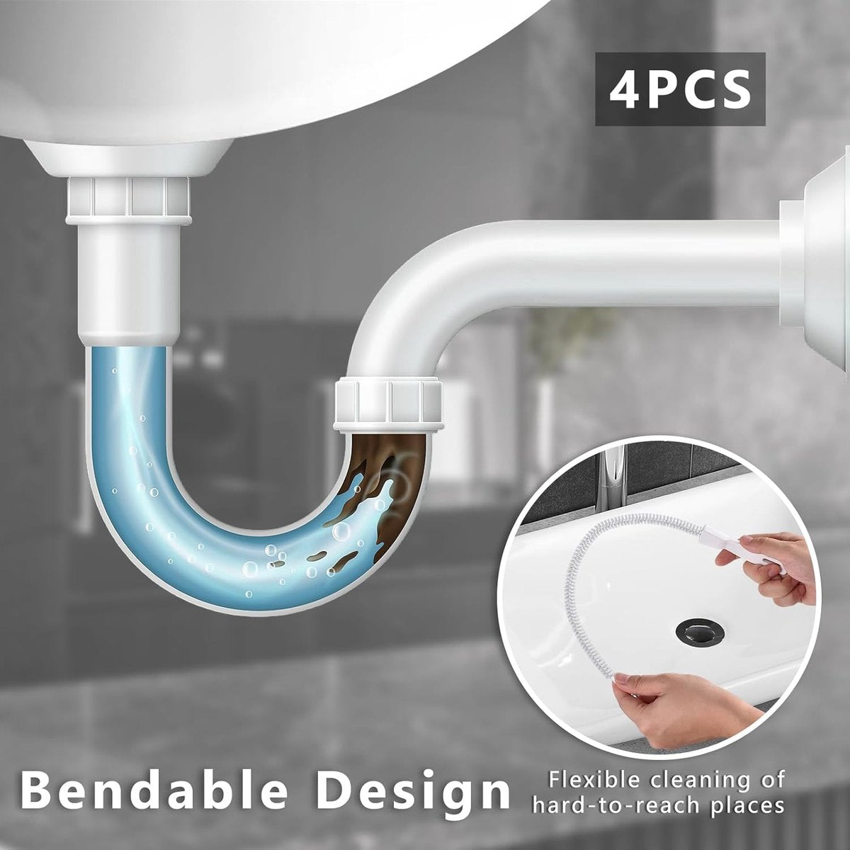 4-piece sink cleaning brush set - Drain brush - 45 cm - Flexible sink cleaning brush - Drain tool - Drain spring - Suitable for kitchen and bathroom drains and overflow pipes - Image 6
