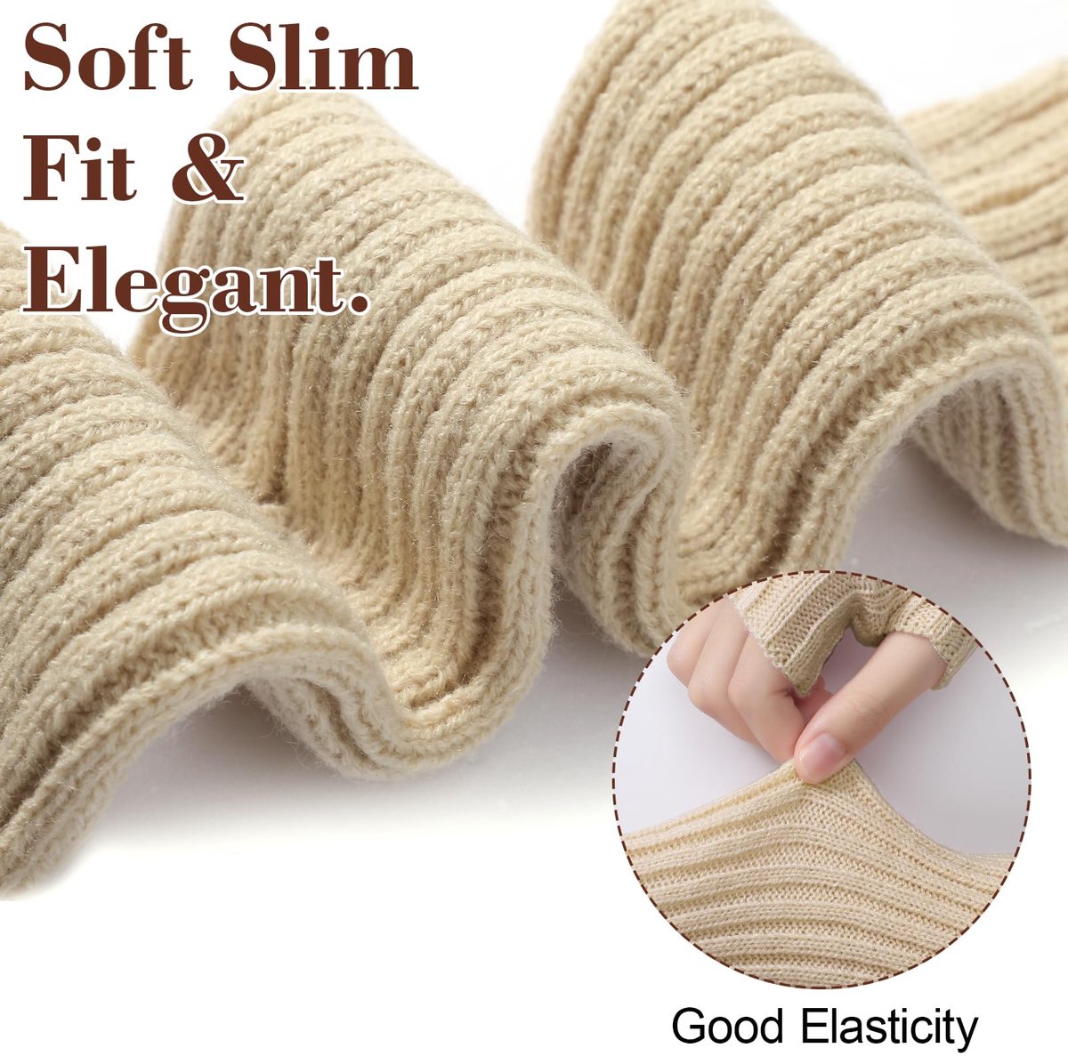 Arm Sleeves - Women's Long Fingerless - Knitted Y2K Arm Sleeves - (Beige) - Image 2