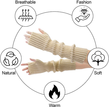 Arm Sleeves - Women's Long Fingerless - Knitted Y2K Arm Sleeves - (Beige) - Image 3