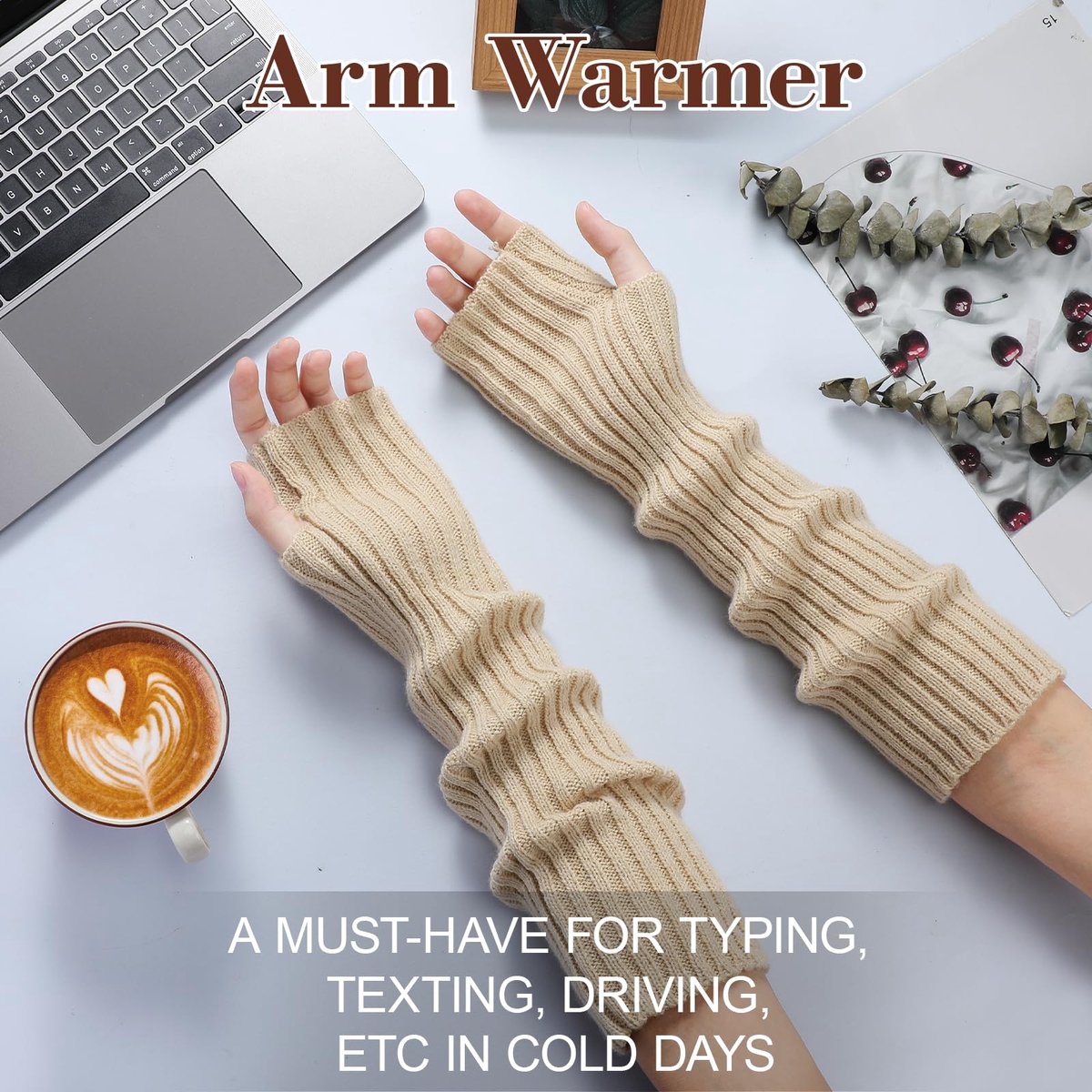 Arm Sleeves - Women's Long Fingerless - Knitted Y2K Arm Sleeves - (Beige) - Image 5