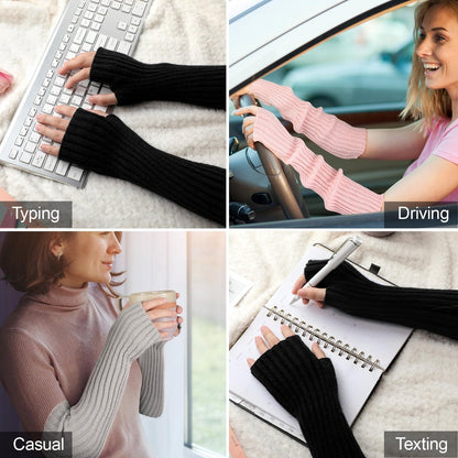 Arm Sleeves - Women's Long Fingerless - Knitted Y2K Arm Sleeves - (Beige) - Image 6