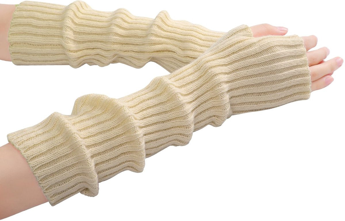 Arm Sleeves - Women's Long Fingerless - Knitted Y2K Arm Sleeves - (Beige) - Image 7