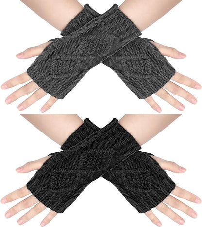 2 Wristbands - Fingerless Gloves - Knitted Women's - Wristbands - Long Knitted Wristbands - Winter Gloves - Warm - Unisex - Black + Dark Gray