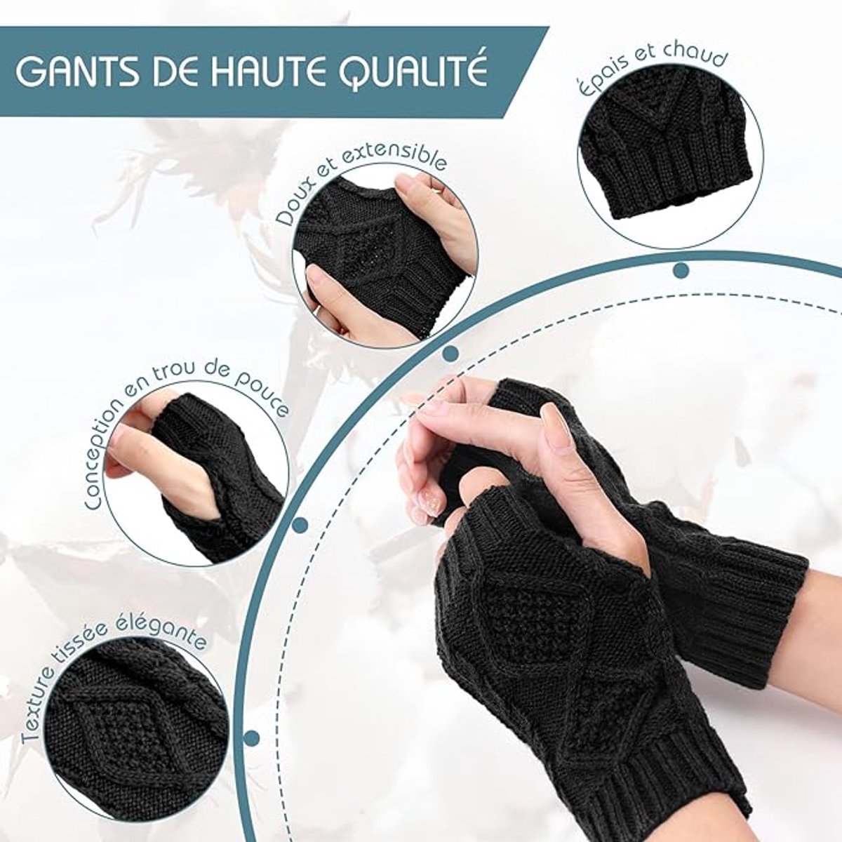 2 Wristbands - Fingerless Gloves - Knitted Women's - Wristbands - Long Knitted Wristbands - Winter Gloves - Warm - Unisex - Black + Dark Gray - Image 2