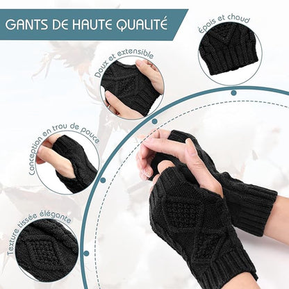 2 Wristbands - Fingerless Gloves - Knitted Women's - Wristbands - Long Knitted Wristbands - Winter Gloves - Warm - Unisex - Black + Dark Gray - Image 2