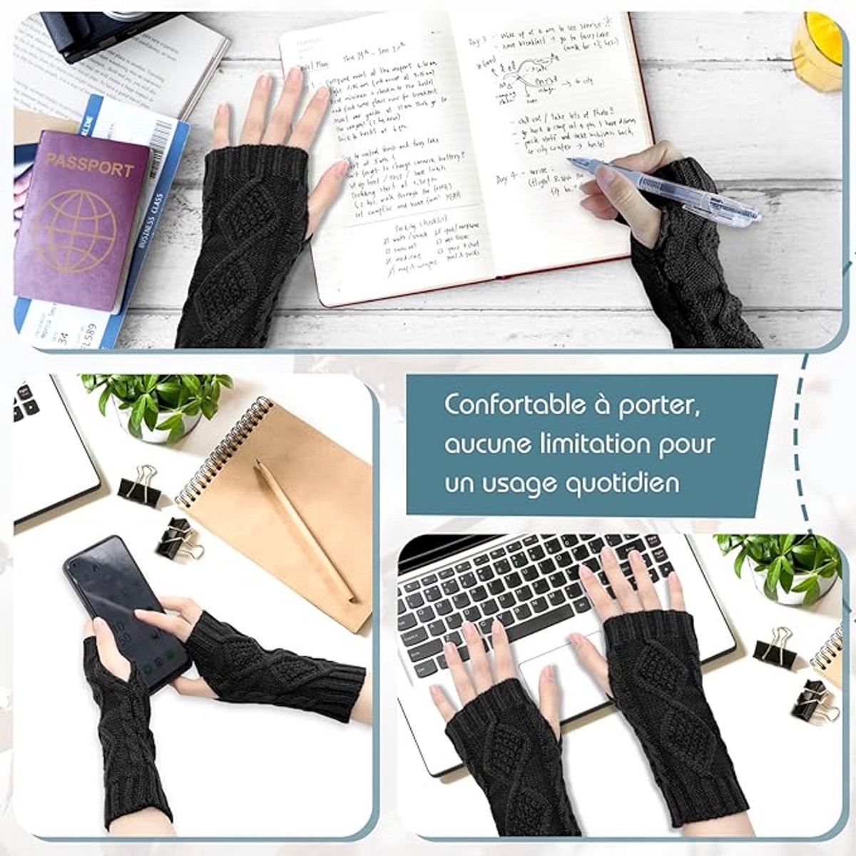 2 Wristbands - Fingerless Gloves - Knitted Women's - Wristbands - Long Knitted Wristbands - Winter Gloves - Warm - Unisex - Black + Dark Gray - Image 3