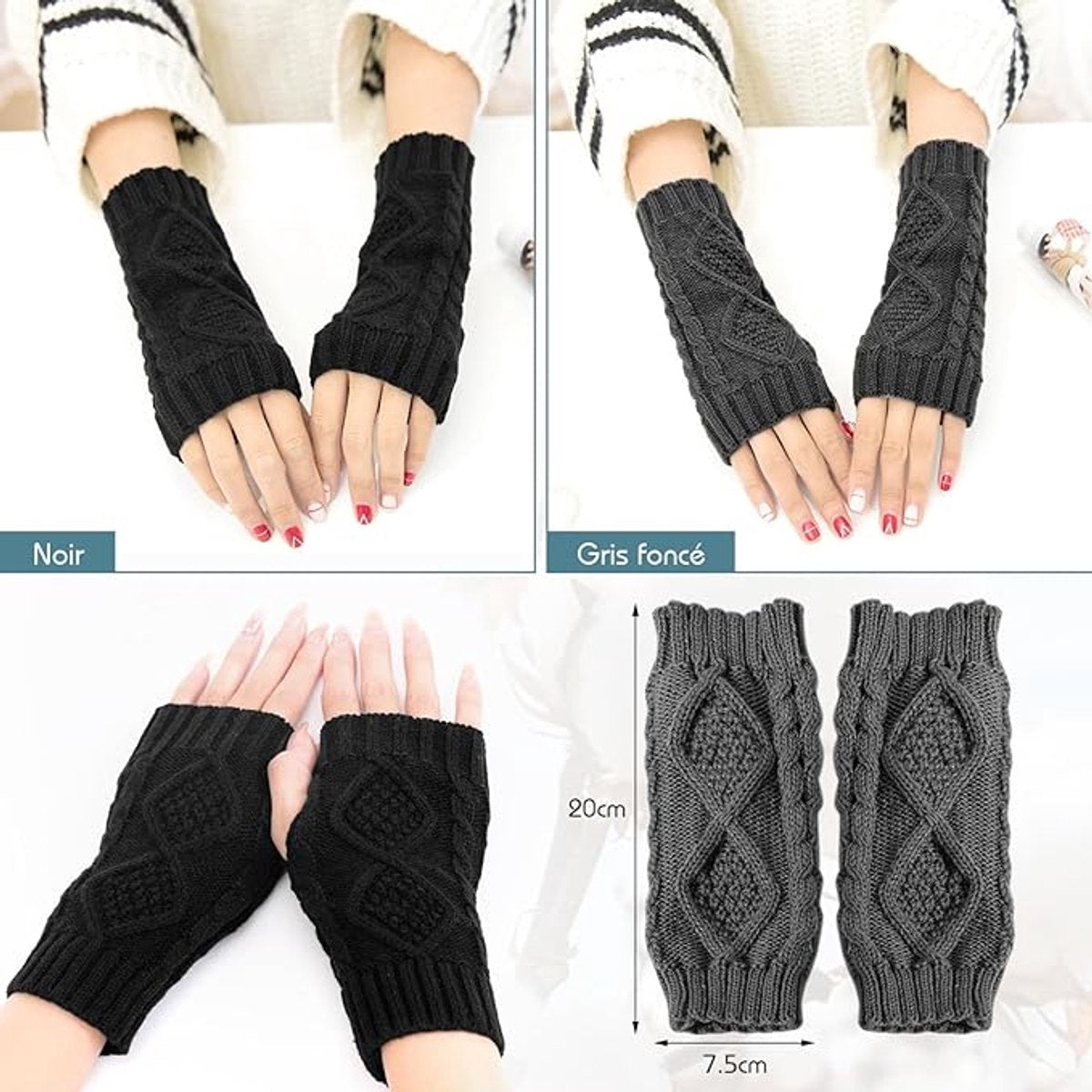 2 Wristbands - Fingerless Gloves - Knitted Women's - Wristbands - Long Knitted Wristbands - Winter Gloves - Warm - Unisex - Black + Dark Gray - Image 4