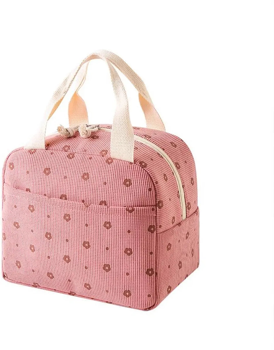 Lunch Bag - Corduroy - Lunch Box for Students/Work - Insulated Bag - Waterproof - Portable Handle - Cute Lunch Bag - Pink