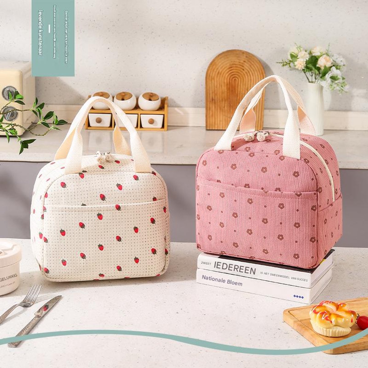 Lunch Bag - Corduroy - Lunch Box for Students/Work - Insulated Bag - Waterproof - Portable Handle - Cute Lunch Bag - Pink - Image 3