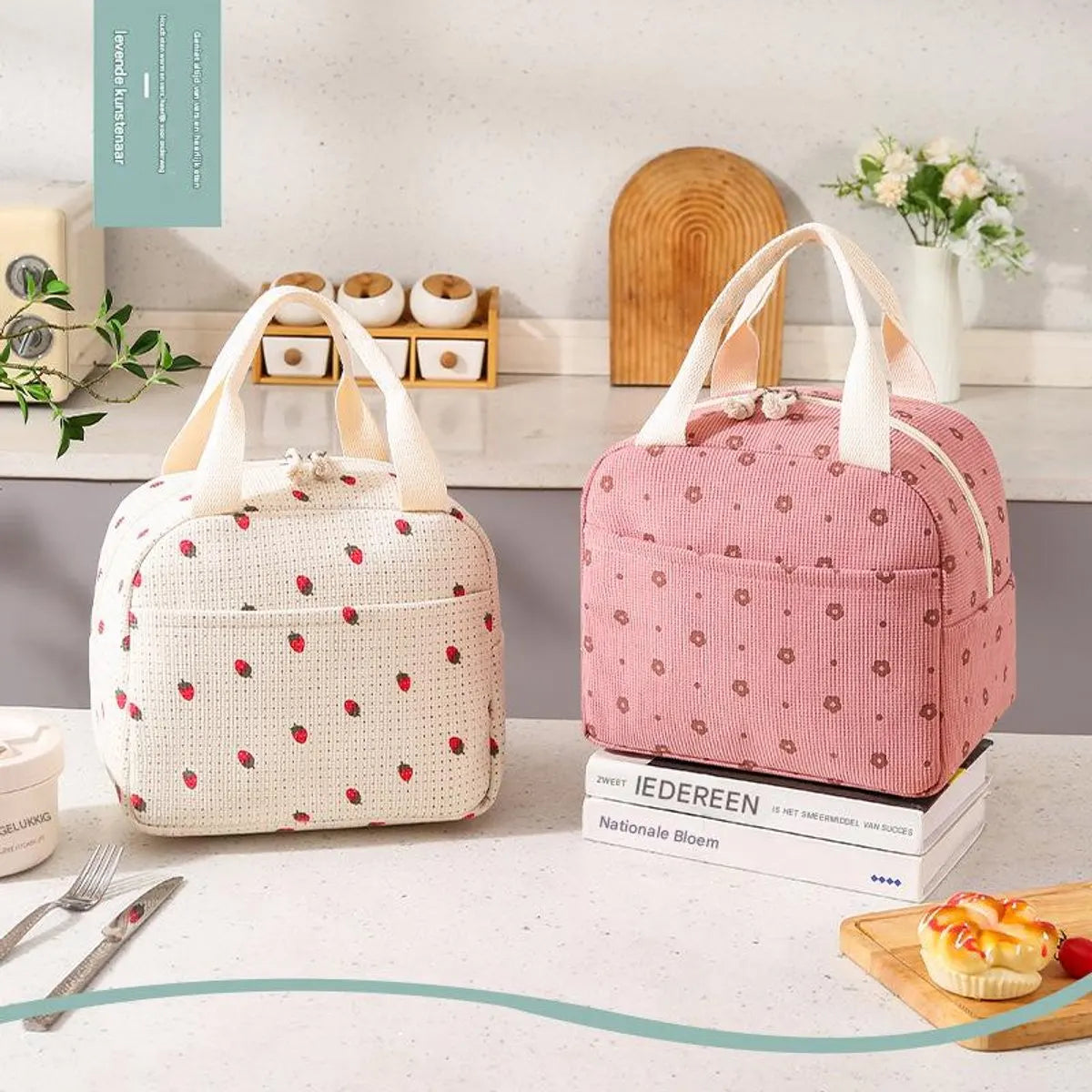 Lunch Bag - Corduroy - Lunch Box for Students/Work - Insulated Bag - Waterproof - Portable Handle - Cute Lunch Bag - Pink - Image 3
