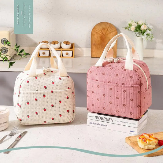 Lunch Bag - Corduroy - Lunch Box for Students/Work - Insulated Bag - Waterproof - Portable Handle - Cute Lunch Bag - Pink - Image 3