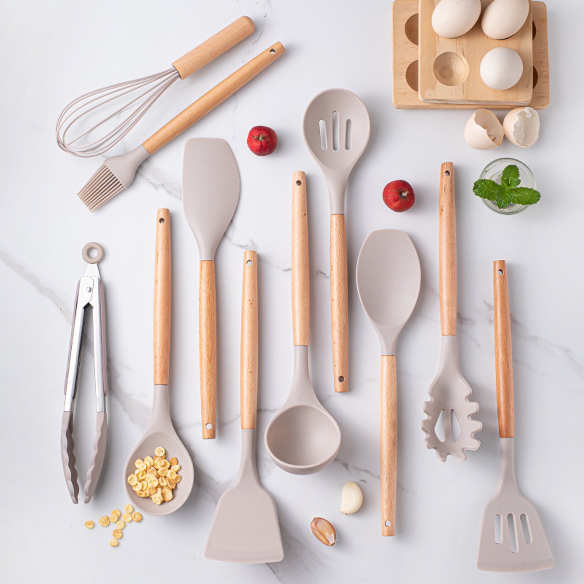 Set of 12 Silicone Kitchen Utensils with Wooden Handle - Storage Bucket - Non-Stick Pan & Kitchen Utensils - Cooking Spatula and Spoon Set - Image 2