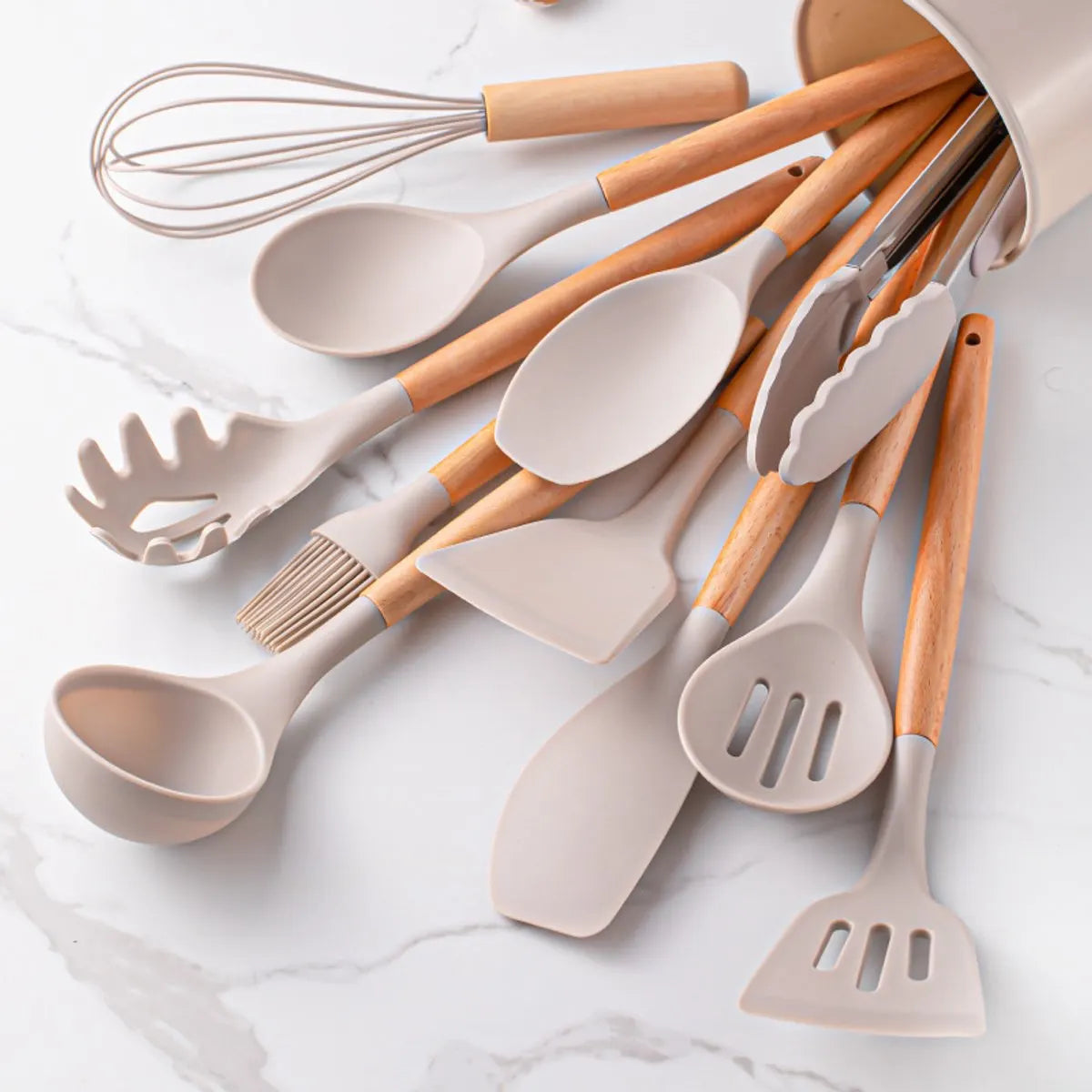 Set of 12 Silicone Kitchen Utensils with Wooden Handle - Storage Bucket - Non-Stick Pan & Kitchen Utensils - Cooking Spatula and Spoon Set - Image 4
