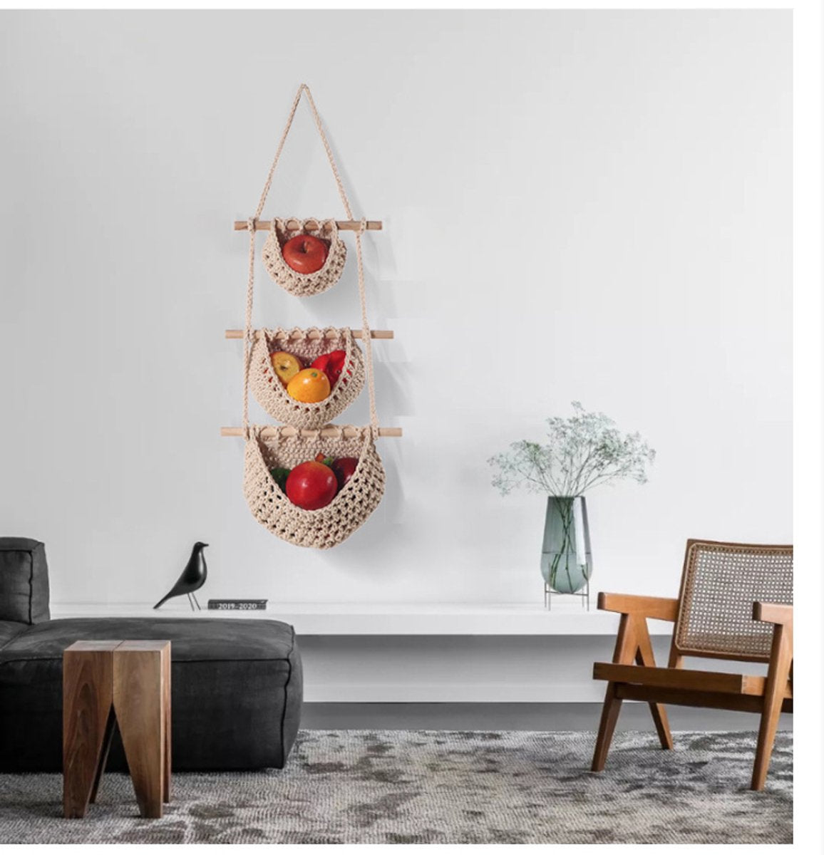 Three-Tier Hanging Fruit and Vegetable Basket - Removable Wall Rack - Hand-Woven Beige Wall Basket - Multifunctional Kitchen Storage Rack - Fruit and Vegetable Storage - Bohemian Home Decor - Image 4