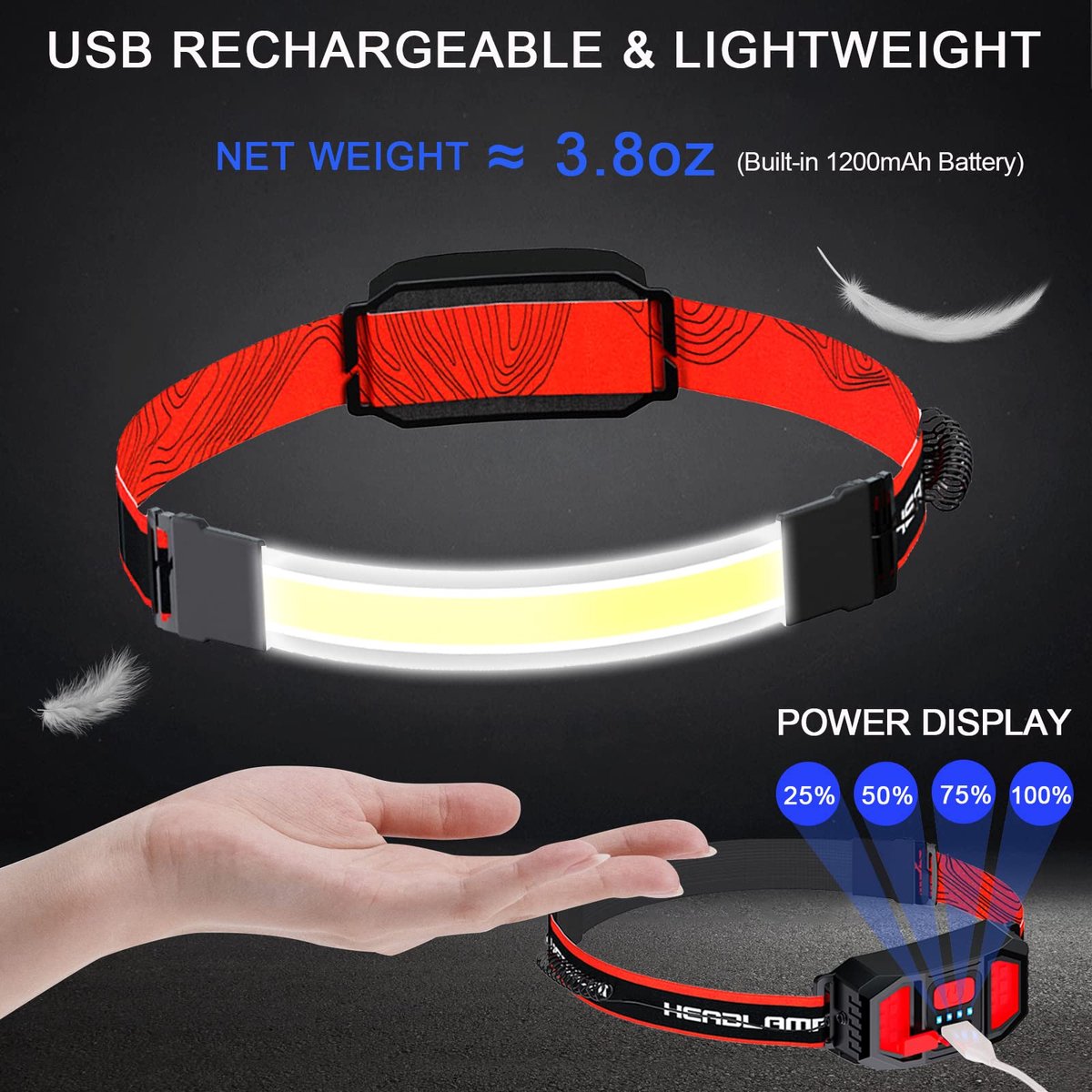 Headlamp LED Rechargeable - Headlight - 2-Pack Rechargeable LED Headlamp - 230° Wide Angle Lighting - High Lumens, 3 Modes - Lightweight Headlamp - Suitable for Running, Cycling, Camping - Image 3