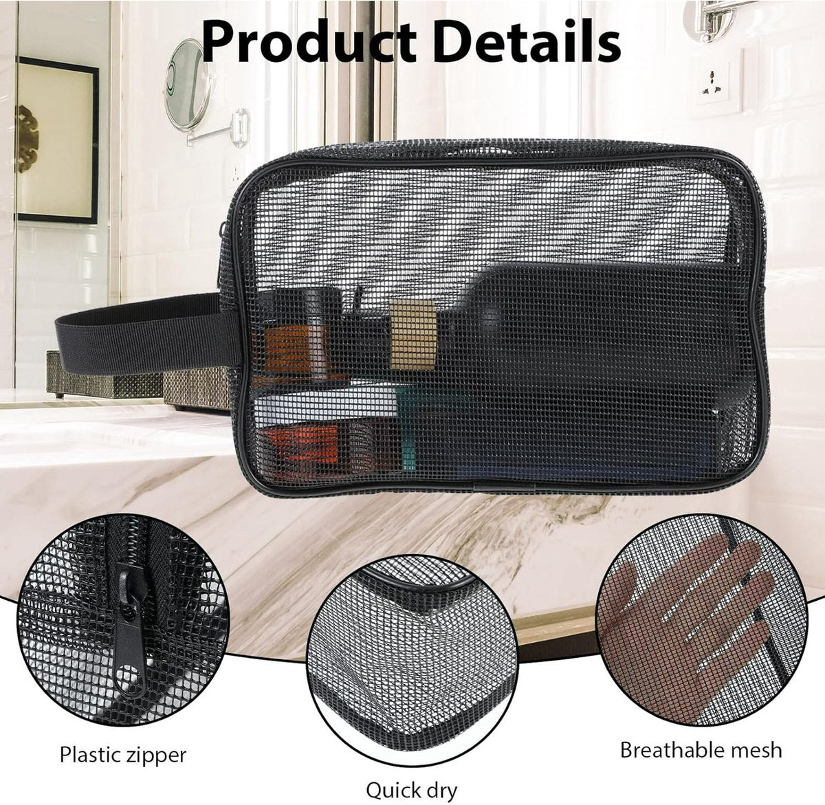 Toiletry Bag - Black Mesh Toiletry Bag - Perfect for travel, toiletry bag organizer, gym, camping - Image 2