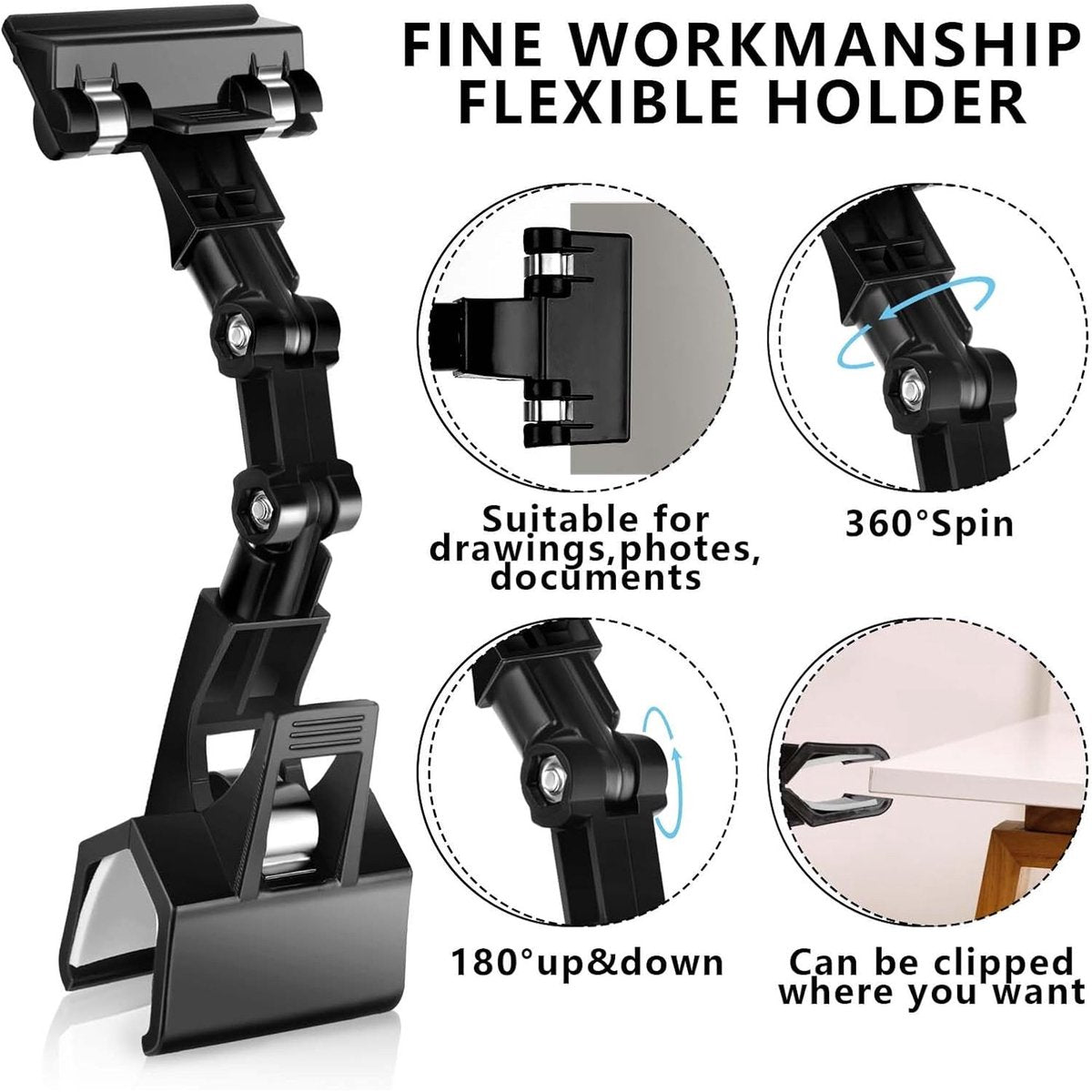 Adjustable Ring Binder - Flexible Rotating Paper Holder - for Typing Table - File Folder - Document Holder - Copy Holder - for Computer Monitor - Canvas Holder (5-pack, black) - Image 2