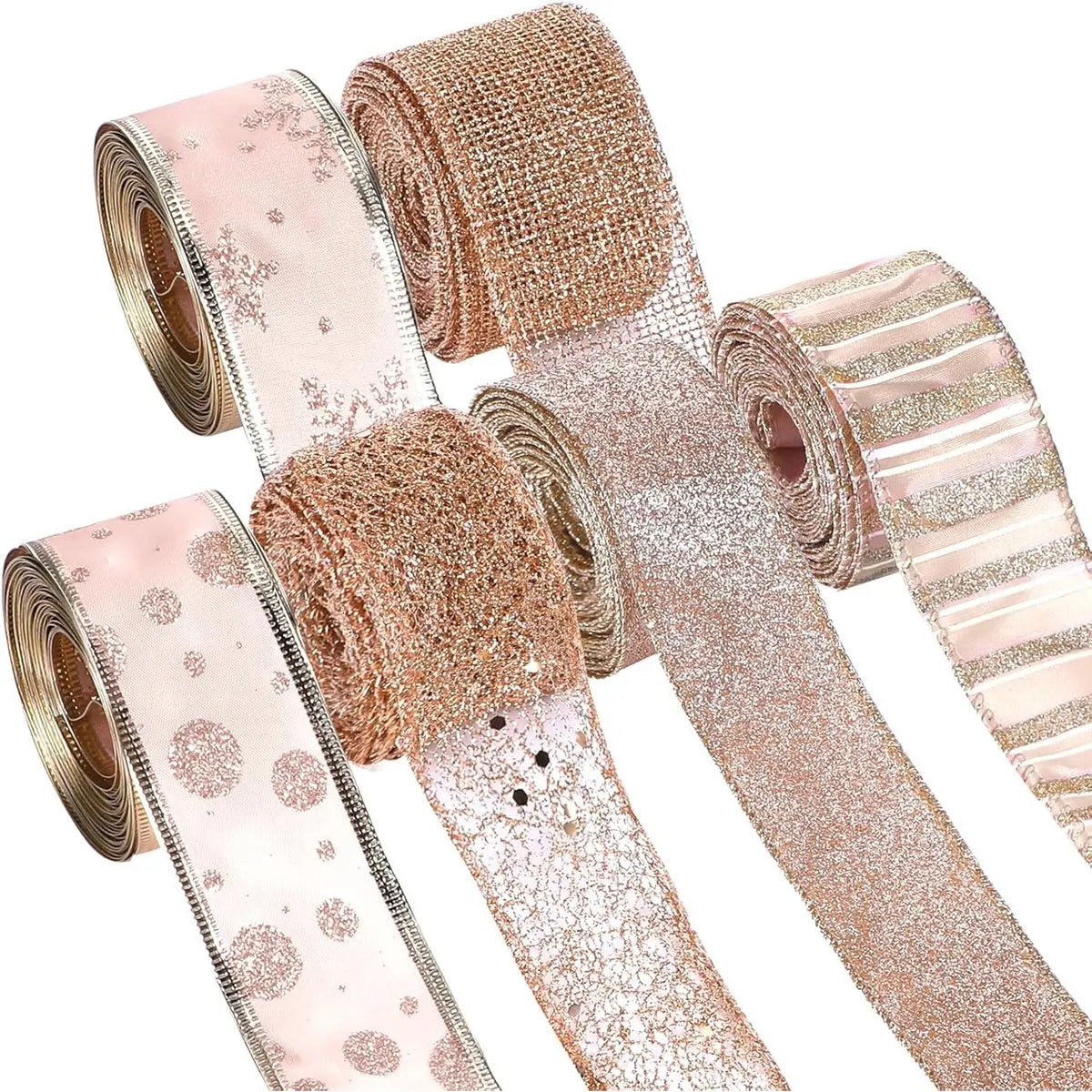 6 Rolls - Sparkling Gold Silk - Suitable for Christmas Trees, Gift Bows, DIY Crafts, Wreaths & Home Decor - 1.5" Wide x 19" Long (Rose Gold)