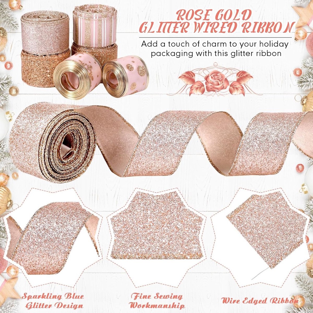 6 Rolls - Sparkling Gold Silk - Suitable for Christmas Trees, Gift Bows, DIY Crafts, Wreaths & Home Decor - 1.5" Wide x 19" Long (Rose Gold) - Image 2