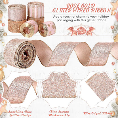 6 Rolls - Sparkling Gold Silk - Suitable for Christmas Trees, Gift Bows, DIY Crafts, Wreaths & Home Decor - 1.5" Wide x 19" Long (Rose Gold) - Image 2