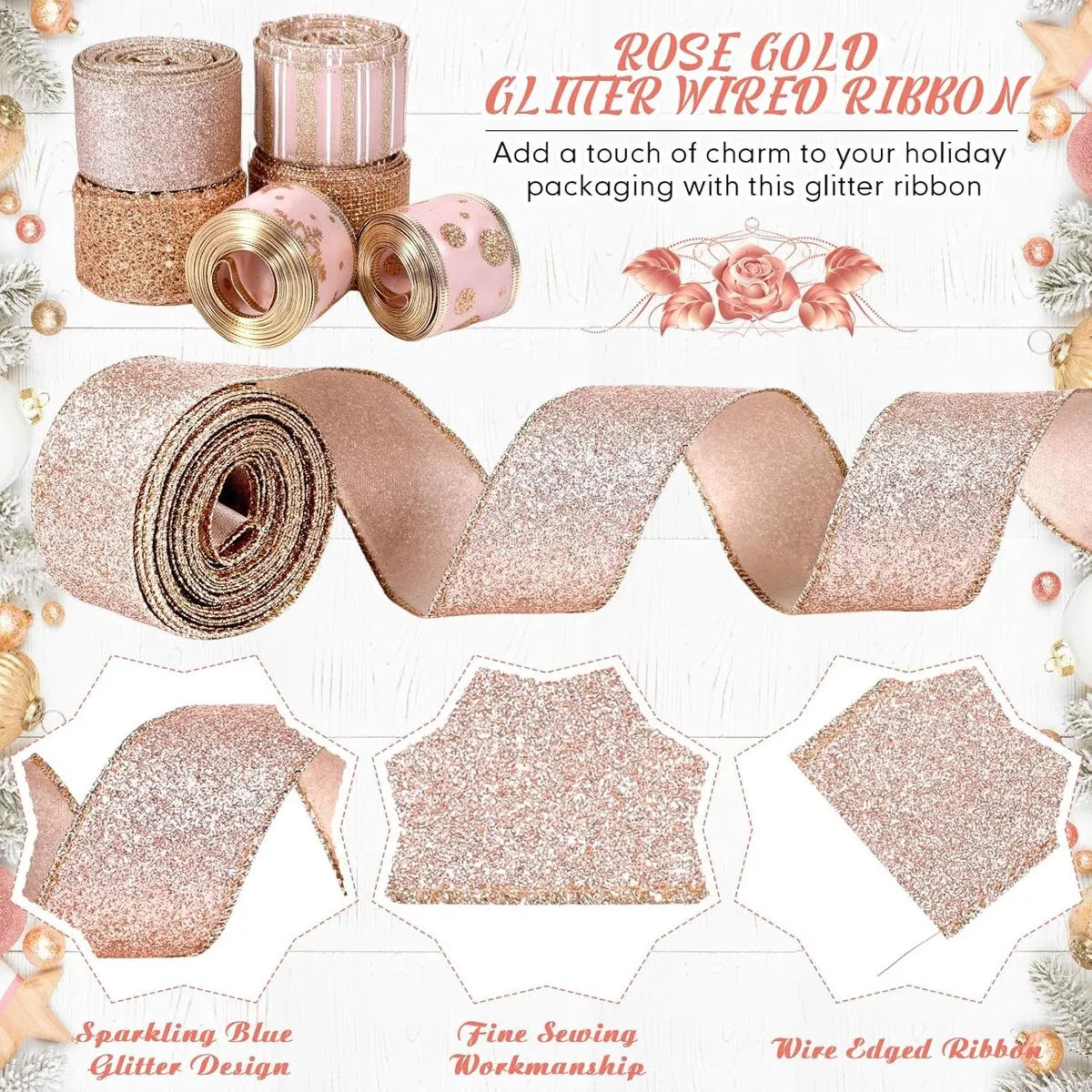 6 Rolls - Sparkling Gold Silk - Suitable for Christmas Trees, Gift Bows, DIY Crafts, Wreaths & Home Decor - 1.5" Wide x 19" Long (Rose Gold) - Image 2