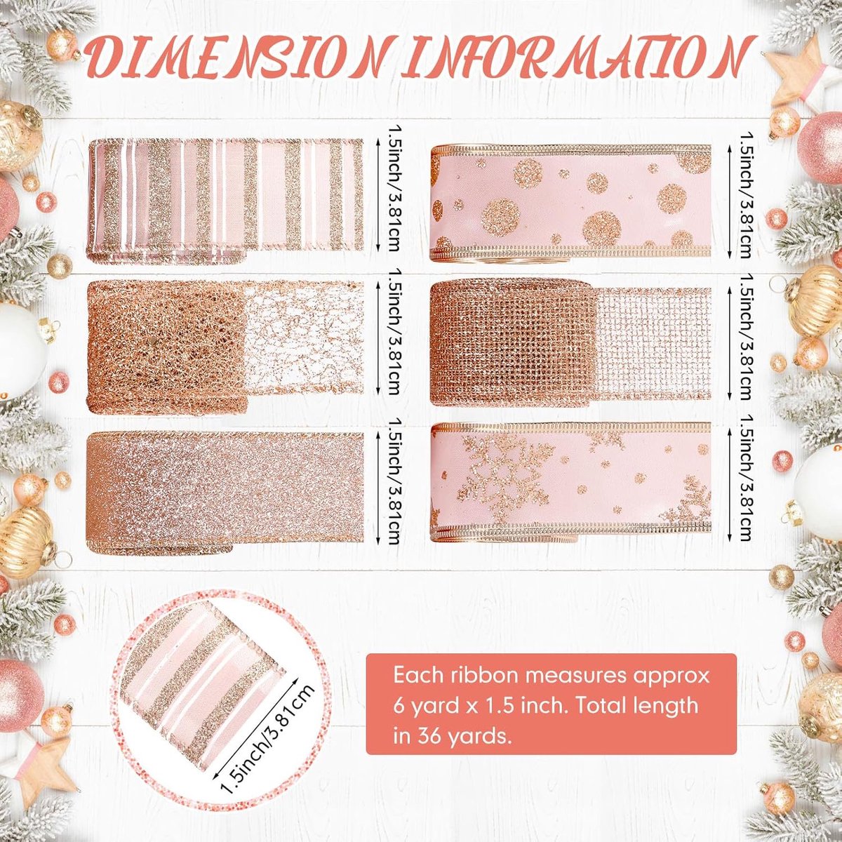 6 Rolls - Sparkling Gold Silk - Suitable for Christmas Trees, Gift Bows, DIY Crafts, Wreaths & Home Decor - 1.5" Wide x 19" Long (Rose Gold) - Image 3