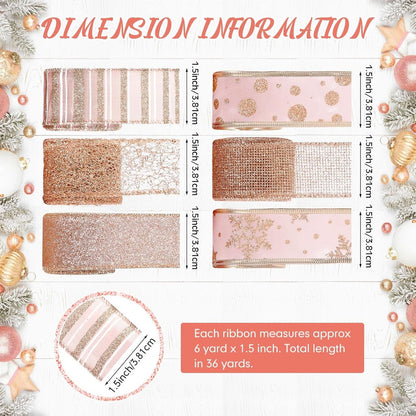 6 Rolls - Sparkling Gold Silk - Suitable for Christmas Trees, Gift Bows, DIY Crafts, Wreaths & Home Decor - 1.5" Wide x 19" Long (Rose Gold) - Image 3