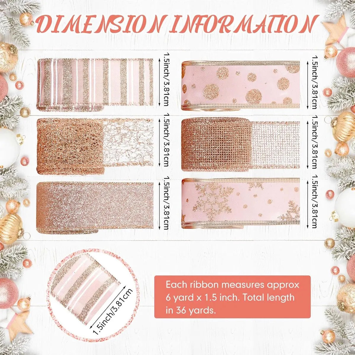 6 Rolls - Sparkling Gold Silk - Suitable for Christmas Trees, Gift Bows, DIY Crafts, Wreaths & Home Decor - 1.5" Wide x 19" Long (Rose Gold) - Image 3