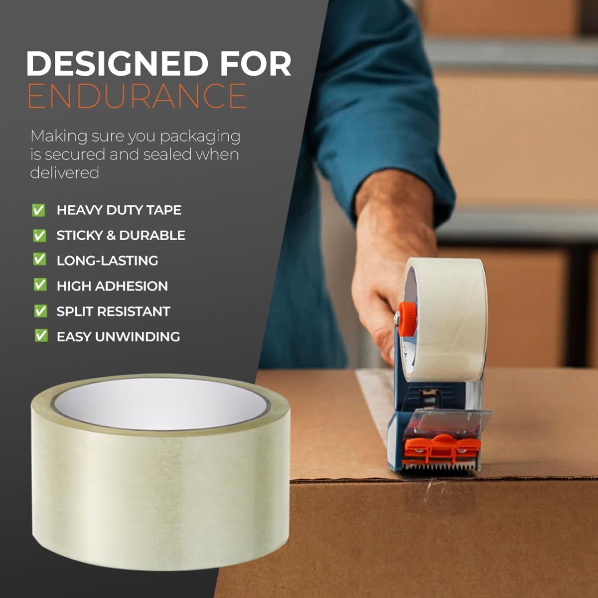 Transparent packaging tape on a roll - 48 mm x 66 m - Strong - Low noise - Strong, extra adhesive - For packing boxes - Parcel tape for shipping and long-term storage (transparent, 3 rolls) - Image 4