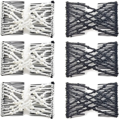 6-Pack Pearl Hair Combs - Elastic Magic Hairpins - Hair Clamps - Hair Clip - Black & White - For All Hair Types
