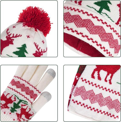Warm hat, scarves and gloves - Set of 3 - Women's scarf - Warm hat with fleece lining - Knitted hat with pompoms - Warm scarf - Warm gloves - Christmas accessories - Christmas gift - Gifts for family and friends (White) - Image 2
