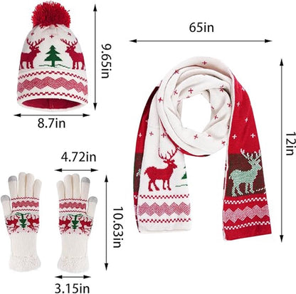 Warm hat, scarves and gloves - Set of 3 - Women's scarf - Warm hat with fleece lining - Knitted hat with pompoms - Warm scarf - Warm gloves - Christmas accessories - Christmas gift - Gifts for family and friends (White) - Image 5