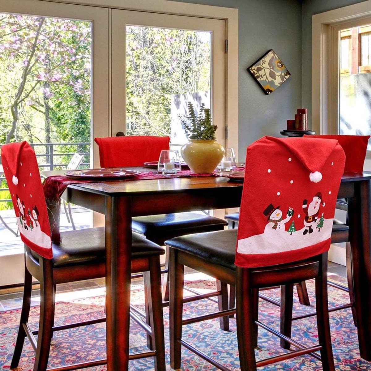 Chair Covers (4 Pieces) - Dining Chair Cover - Sofa Cover - Chair Covers - Christmas Chair Covers - Santa Claus and Snowman Red Hat Christmas Chair Back Cover Set - Perfect for Christmas Holiday Dining Table and Chair Decorations - Home Kitchen Party Deco - Image 4