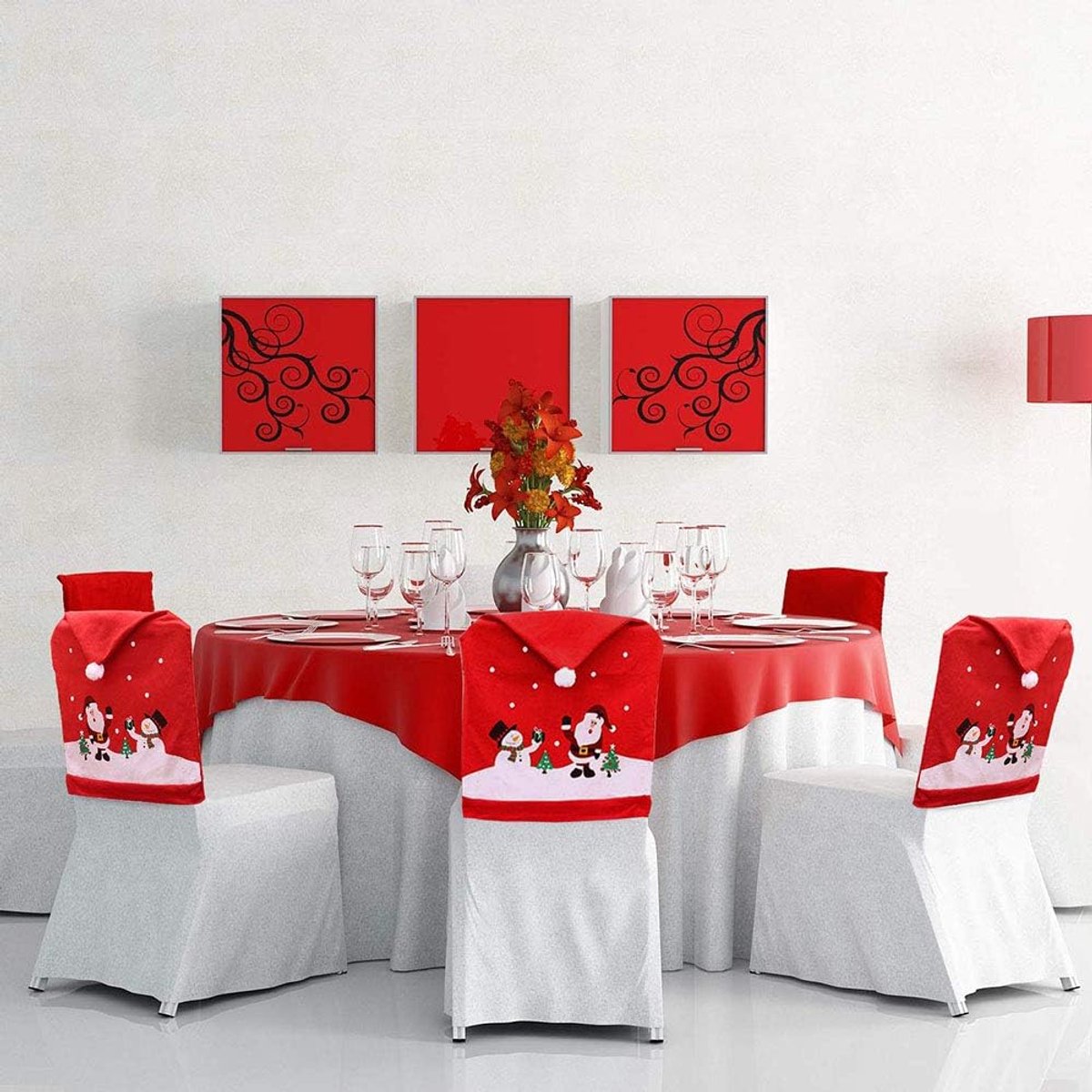 Chair Covers (4 Pieces) - Dining Chair Cover - Sofa Cover - Chair Covers - Christmas Chair Covers - Santa Claus and Snowman Red Hat Christmas Chair Back Cover Set - Perfect for Christmas Holiday Dining Table and Chair Decorations - Home Kitchen Party Deco - Image 5