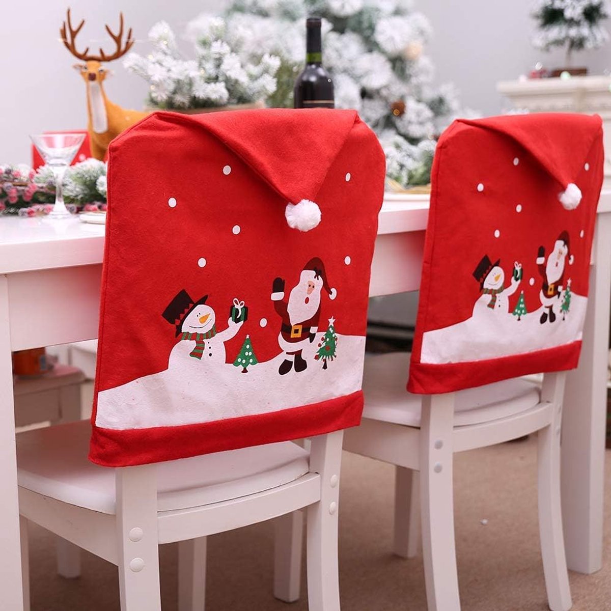 Chair Covers (4 Pieces) - Dining Chair Cover - Sofa Cover - Chair Covers - Christmas Chair Covers - Santa Claus and Snowman Red Hat Christmas Chair Back Cover Set - Perfect for Christmas Holiday Dining Table and Chair Decorations - Home Kitchen Party Deco - Image 6