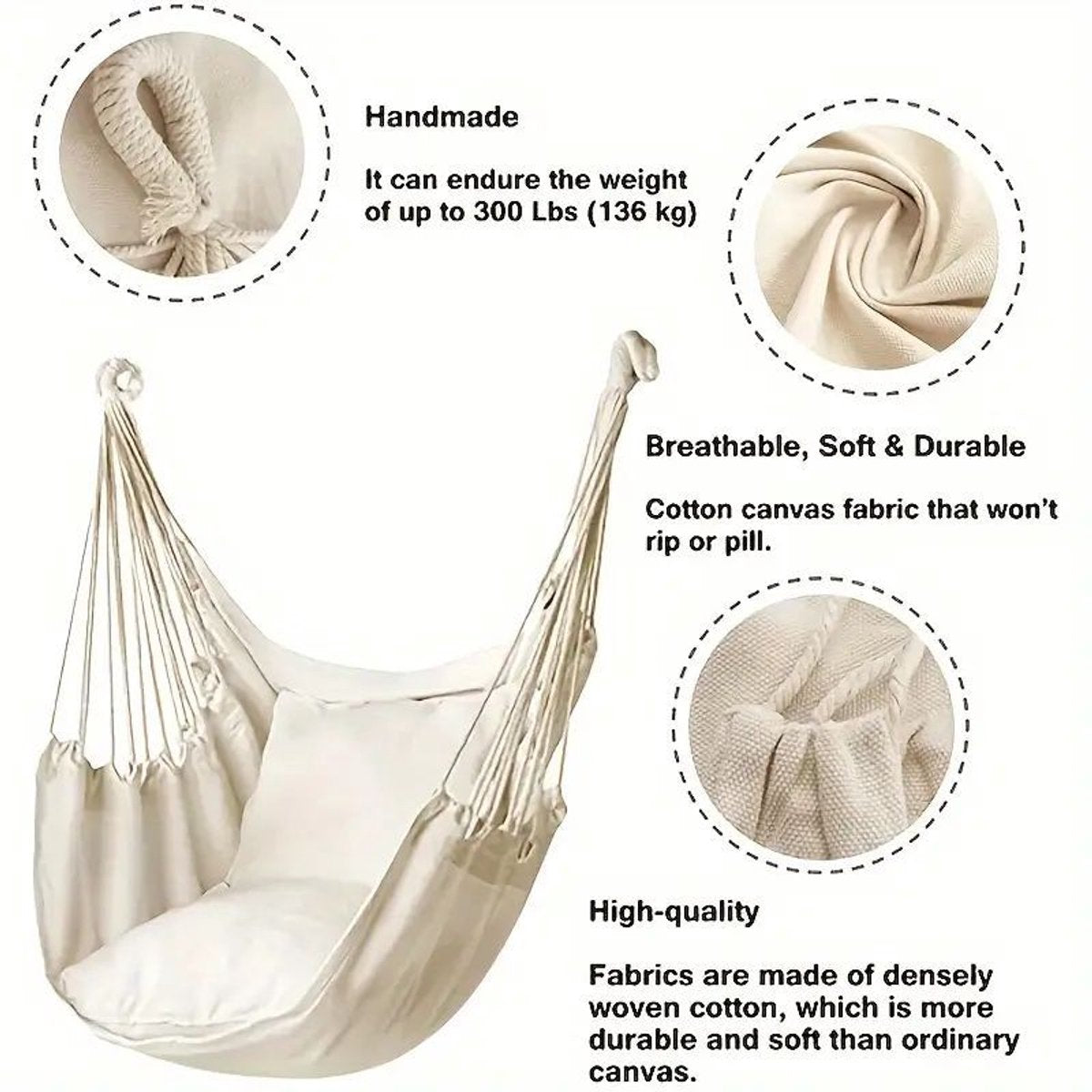 Hanging Chair - Portable Hammock - Comfortable Patio Chair - Suitable for Indoor and Outdoor Use - Maximum Load Capacity 100kg（White, without cushion） - Image 3