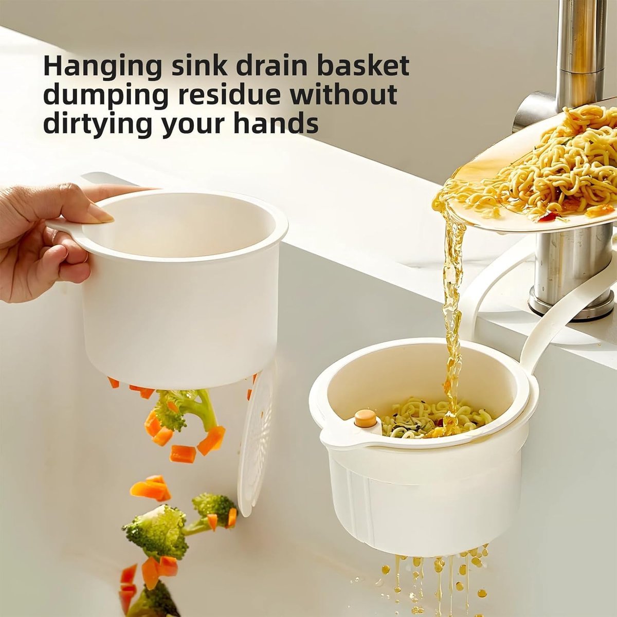 Kitchen drain strainer for the faucet - Multifunctional drain strainer for food waste - Tiltable with push mechanism - White - Image 3
