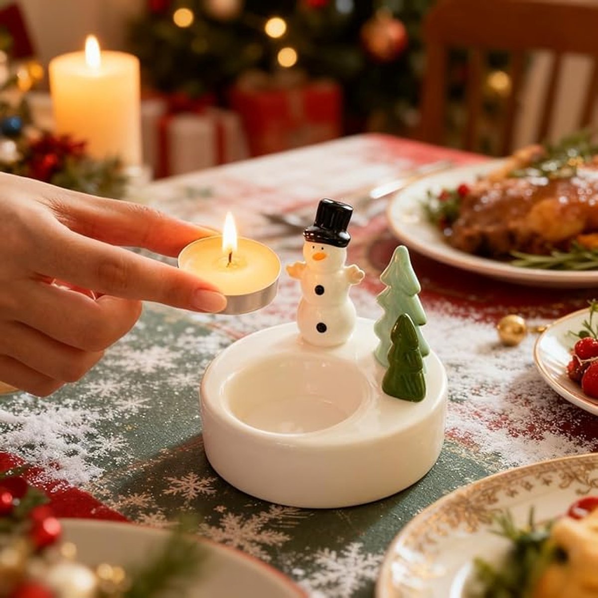 1 Piece - Ceramic Tea Light Holder - Desk Decoration - Snowman Candle Holder - Dining Table Ornament - Farmhouse Winter Decoration (Style 1) - Image 2