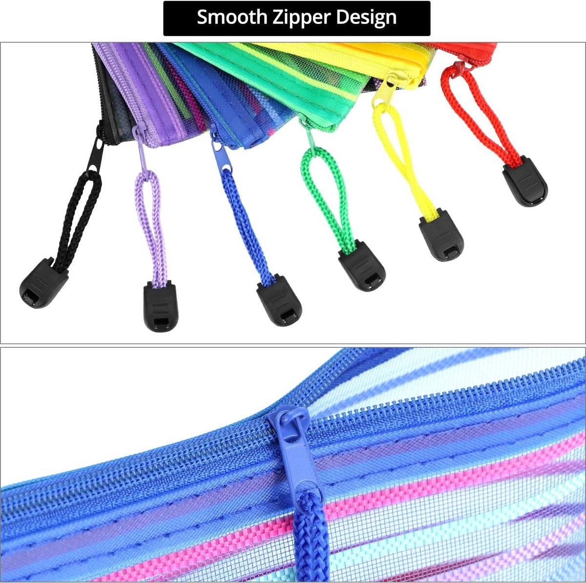 Storage Bags - Set of 6 - Pencil Case - 6 different colored mesh pockets with zipper - Nylon pencil case - 23x12 cm - Image 2